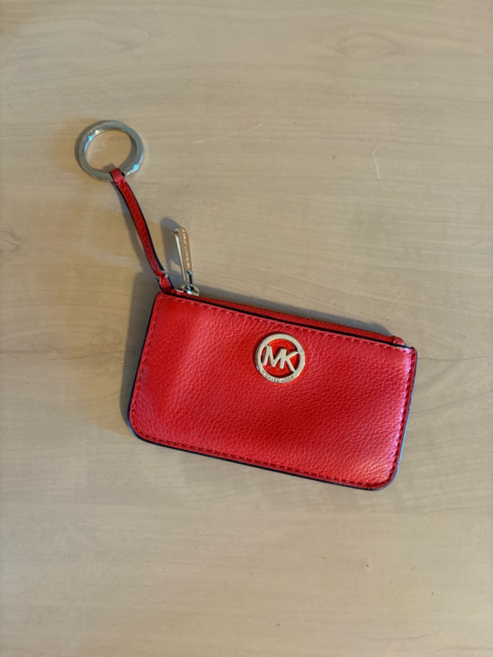 Michael Kors Red Leather Zip Card Pouch with Key Ring